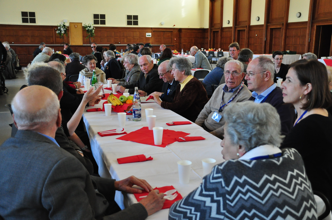 Survivors and their relatives at the ceremony for the 65th anniversary of the liberation in the banquet hall of the former Wehrmacht officers’ mess, 18 April 2010. Photo by Helge Krückeberg. Bergen-Belsen Memorial (Lower Saxony Memorials Foundation)