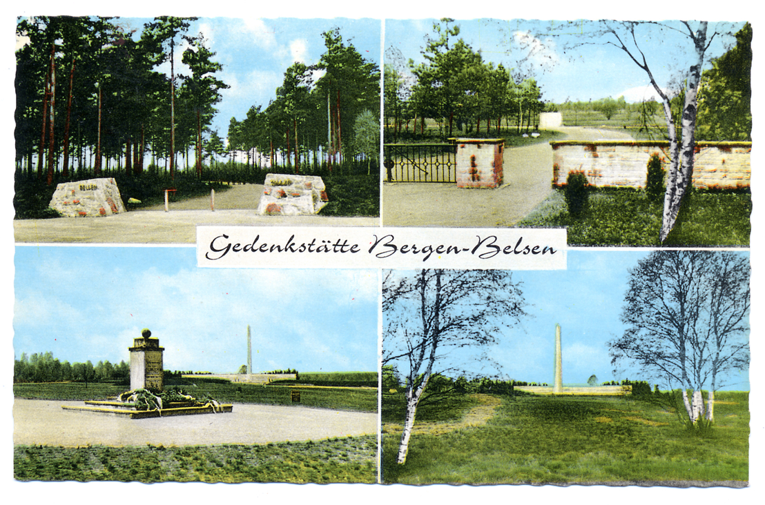 Postkarte mit Motiven der Gedenkstätte Bergen-Belsen: Zufahrt, Eingangstor, Jüdisches Mahnmal und Inschriftenwand mit Obelisk, zwischen 1961 und 1964. GBB (SnG)