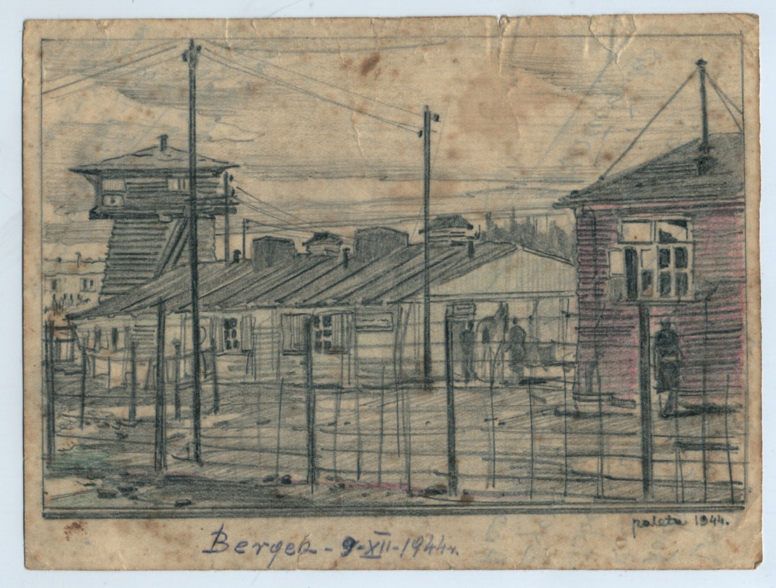 Prisoner huts and watchtower in the Bergen-Belsen POW camp. Drawing by “paleta”, probably the pseudonym of Stanisław Chechłowski from the Polish Home Army. On loan from Wanda Broszkowska-Piklikiewicz.